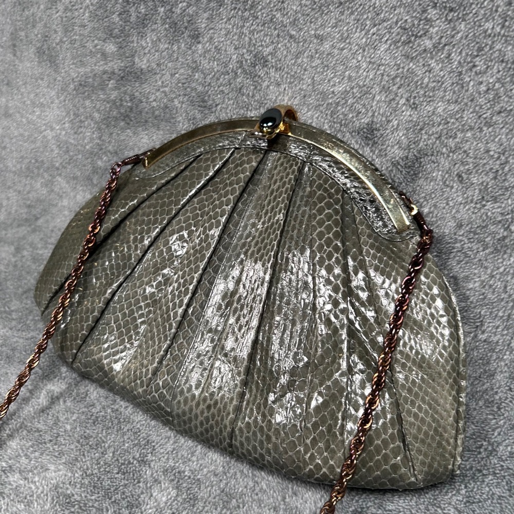 Ashneil 70s Disco Snakeskin Evening Bag Gray Gold Frame Rope Chain Purse w Pouch - Picture 14 of 16